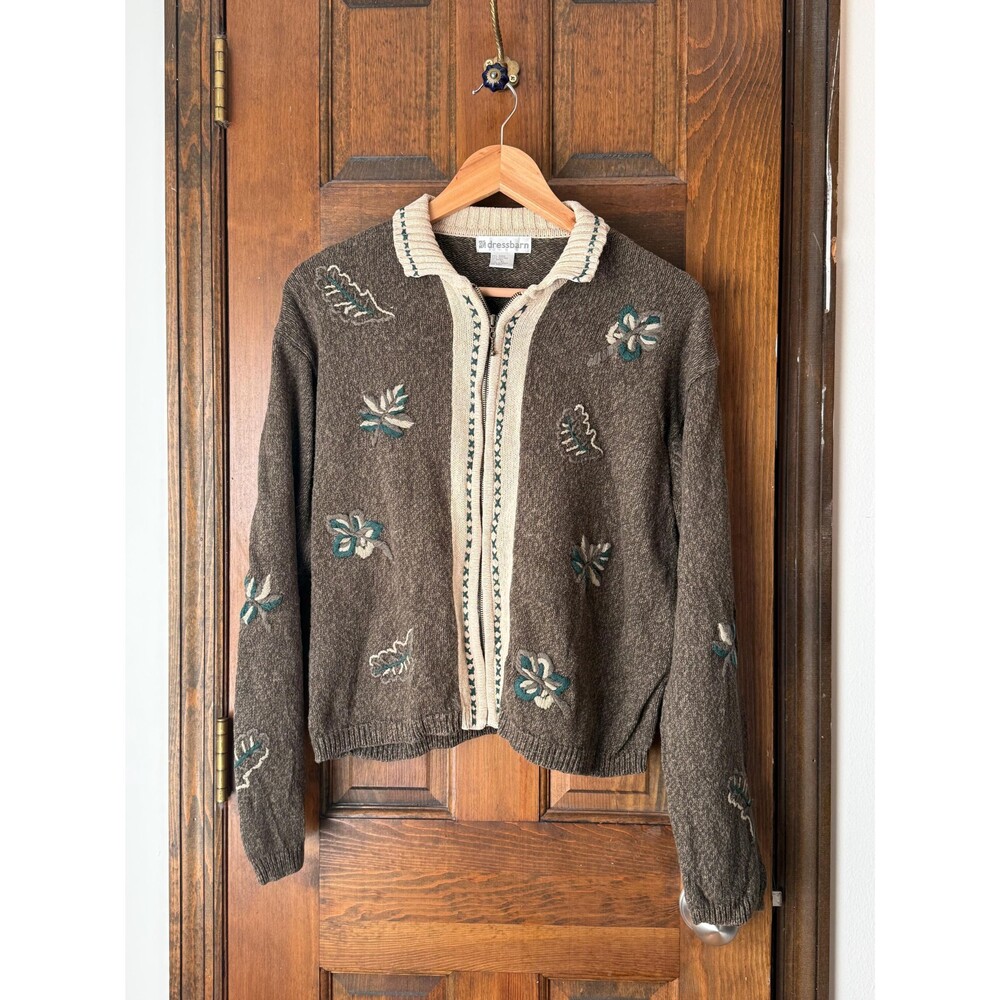 Vintage Dressbarn Fall Cardigan Sweater XL Embroidered Leaves 90s Y2K